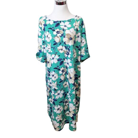 Karen Scott Sport Womens Knit Shift Dress 2X Green Floral Short Sleeve Pullover - Picture 1 of 6